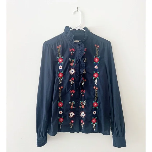 Sezane Chlo Shirt Embroidered Navy Size 38 US 6 Pink Creation - Picture 2 of 5